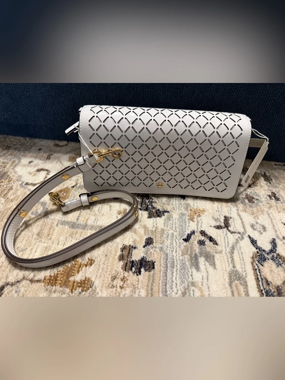 Tory Burch White Laser-Cut Leather Crossbody with Gold Hardware